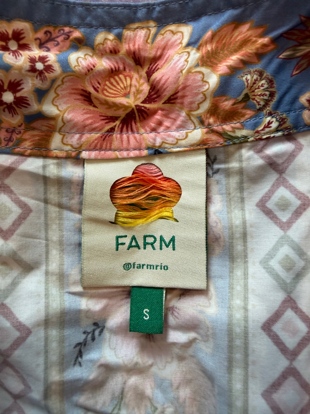 FARM Rio Blue Floral Border Midi Skirt with Pink Blossoms size S - Picture 9 of 9